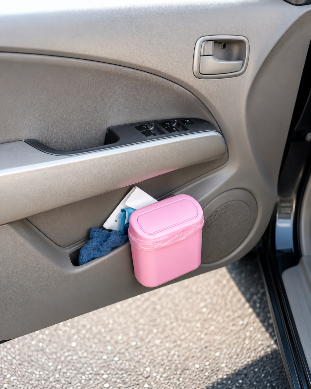 Car trash bin hanging on an interior car door