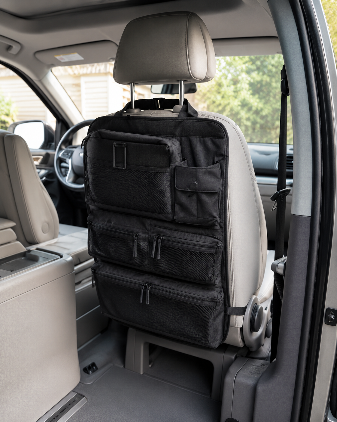 Black seat back organizer installed on a car seat
